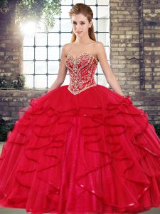 Sweetheart Sleeveless Lace Up Vestidos de Quinceanera Red Tulle