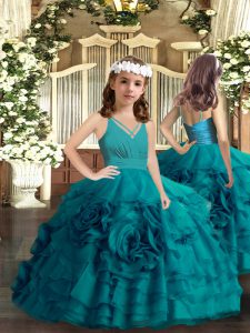 Floor Length Teal Kids Formal Wear Organza Sleeveless Ruffled Layers and Hand Made Flower