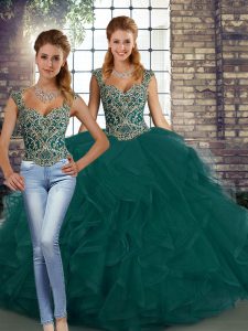 Peacock Green Two Pieces Tulle Straps Sleeveless Beading and Ruffles Floor Length Lace Up 15th Birthday Dress