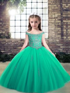 Floor Length Turquoise Little Girls Pageant Gowns Off The Shoulder Sleeveless Lace Up