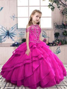 Sleeveless Floor Length Beading and Ruffles Lace Up Little Girls Pageant Dress Wholesale with Fuchsia