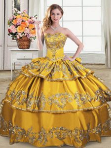 Gold Ball Gowns Sweetheart Sleeveless Satin and Organza Floor Length Lace Up Embroidery and Ruffled Layers 15 Quinceanera Dress