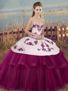 Luxurious Floor Length Lace Up Sweet 16 Quinceanera Dress Fuchsia for Military Ball and Sweet 16 and Quinceanera with Embroidery and Bowknot