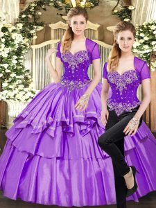 Custom Designed Lavender Two Pieces Sweetheart Sleeveless Organza and Taffeta Floor Length Lace Up Beading and Ruffled Layers 15th Birthday Dress