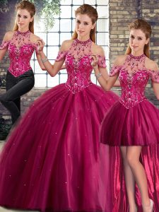 Suitable Sleeveless Tulle Brush Train Lace Up Quinceanera Gowns in Fuchsia with Beading