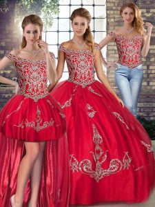 Glittering Floor Length Lace Up 15 Quinceanera Dress Red for Military Ball and Sweet 16 and Quinceanera with Beading and Embroidery