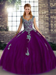 High Quality Purple Tulle Lace Up Straps Sleeveless Floor Length 15 Quinceanera Dress Beading and Appliques