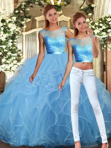 Hot Sale Baby Blue Tulle Backless Vestidos de Quinceanera Sleeveless Floor Length Lace and Ruffles