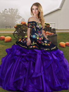 Black And Purple Vestidos de Quinceanera Military Ball and Sweet 16 and Quinceanera with Embroidery and Ruffles Off The Shoulder Sleeveless Lace Up