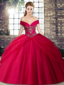 Off The Shoulder Sleeveless Tulle Sweet 16 Quinceanera Dress Beading and Pick Ups Brush Train Lace Up