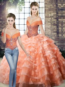 Lace Up Quince Ball Gowns Peach for Military Ball and Sweet 16 and Quinceanera with Beading and Ruffled Layers Brush Train