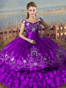 Fine Purple Quince Ball Gowns Sweet 16 and Quinceanera with Embroidery and Ruffled Layers Off The Shoulder Sleeveless Lace Up