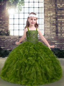 Olive Green Lace Up Straps Beading and Ruffles Little Girls Pageant Dress Organza Sleeveless