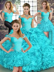 Fitting Aqua Blue Off The Shoulder Neckline Beading and Ruffles Vestidos de Quinceanera Sleeveless Lace Up