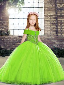 Tulle Sleeveless Kids Formal Wear Brush Train and Beading