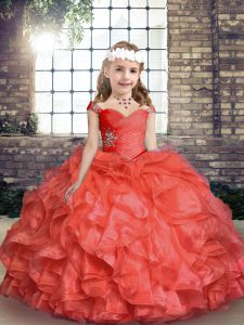 Inexpensive Coral Red Sleeveless Organza Lace Up Little Girl Pageant Dress for Party and Sweet 16 and Wedding Party