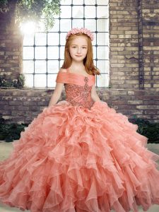 Sleeveless Floor Length Beading and Ruffles Lace Up Little Girls Pageant Gowns with Peach