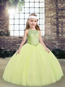 Light Yellow Sleeveless Floor Length Beading Lace Up Kids Pageant Dress