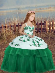 Dark Green Ball Gowns Embroidery Little Girl Pageant Dress Lace Up Tulle Sleeveless Floor Length