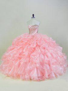 Sexy Peach Lace Up Sweetheart Beading and Ruffles Quinceanera Dress Organza Sleeveless