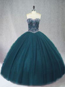 Custom Made Peacock Green Ball Gowns Tulle Sweetheart Sleeveless Beading Floor Length Lace Up Vestidos de Quinceanera