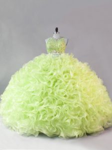 Scoop Sleeveless Zipper Sweet 16 Quinceanera Dress Yellow Green Fabric With Rolling Flowers