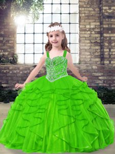 Elegant Sleeveless Tulle Floor Length Side Zipper Kids Formal Wear in with Beading and Ruffles