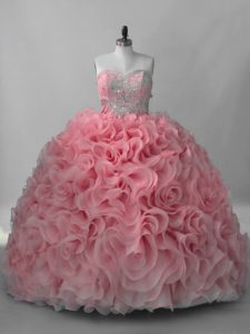 Sweetheart Sleeveless Fabric With Rolling Flowers Quinceanera Gown Beading Brush Train Lace Up