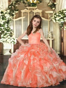 Modern Ball Gowns Little Girl Pageant Gowns Peach Straps Organza Sleeveless Floor Length Lace Up