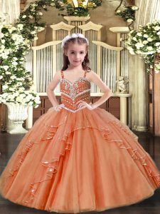 Floor Length Lace Up Little Girl Pageant Dress Peach for Party and Sweet 16 and Wedding Party with Beading