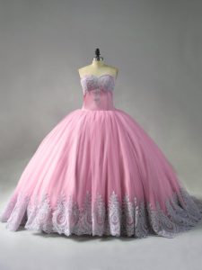 Pink Ball Gowns Tulle Sweetheart Sleeveless Beading and Appliques Lace Up Quinceanera Dresses Court Train