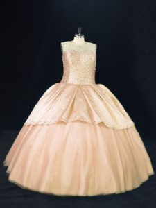 Peach Ball Gowns Scoop Sleeveless Tulle Floor Length Lace Up Beading 15th Birthday Dress