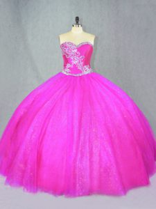 Tulle Sweetheart Sleeveless Lace Up Beading Quinceanera Dress in Fuchsia