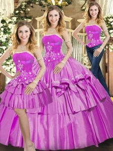 Elegant Lilac Strapless Lace Up Beading and Ruffled Layers 15 Quinceanera Dress Sleeveless