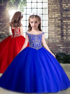 Discount Royal Blue Sleeveless Tulle Lace Up Little Girls Pageant Dress for Party and Wedding Party