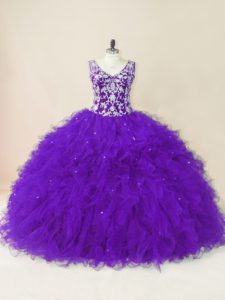 Gorgeous V-neck Sleeveless Tulle Quince Ball Gowns Beading and Ruffles Backless