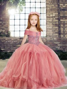 Cheap Watermelon Red Sleeveless Beading Floor Length Little Girls Pageant Dress