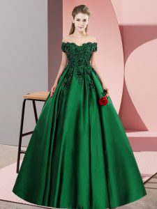 A-line 15th Birthday Dress Green Off The Shoulder Satin Sleeveless Floor Length Zipper