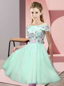 Unique Apple Green Empire Appliques Court Dresses for Sweet 16 Lace Up Tulle Short Sleeves Knee Length