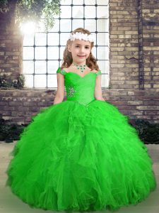 Sleeveless Tulle Floor Length Lace Up Little Girls Pageant Dress Wholesale in Green with Beading and Ruffles