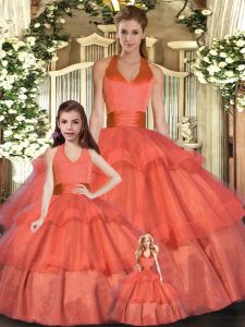 Low Price Ball Gowns Quinceanera Dress Orange Red Halter Top Organza Sleeveless Floor Length Lace Up