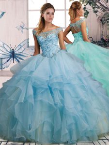 Ball Gowns 15 Quinceanera Dress Light Blue Off The Shoulder Organza Sleeveless Floor Length Lace Up