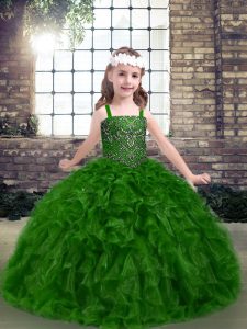 Classical Sleeveless Floor Length Beading Lace Up Little Girl Pageant Dress with Green