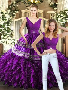 Purple Organza Backless V-neck Sleeveless Floor Length 15th Birthday Dress Beading and Embroidery and Ruffles