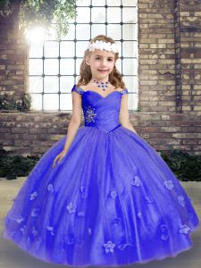 New Style Blue Ball Gowns Beading and Hand Made Flower Pageant Gowns For Girls Lace Up Tulle Sleeveless Floor Length