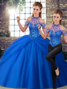 Blue Two Pieces Tulle Halter Top Sleeveless Beading and Pick Ups Lace Up Quince Ball Gowns Brush Train