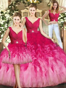 Ball Gowns 15 Quinceanera Dress Multi-color V-neck Tulle Sleeveless Floor Length Lace Up