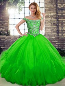 Green Sleeveless Floor Length Beading and Ruffles Lace Up Sweet 16 Dress