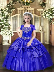 Stunning Ball Gowns Pageant Gowns For Girls Blue Straps Taffeta Sleeveless Floor Length Lace Up