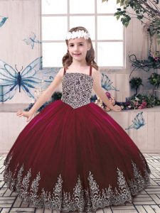 Straps Sleeveless Kids Pageant Dress Floor Length Beading and Embroidery Burgundy Tulle